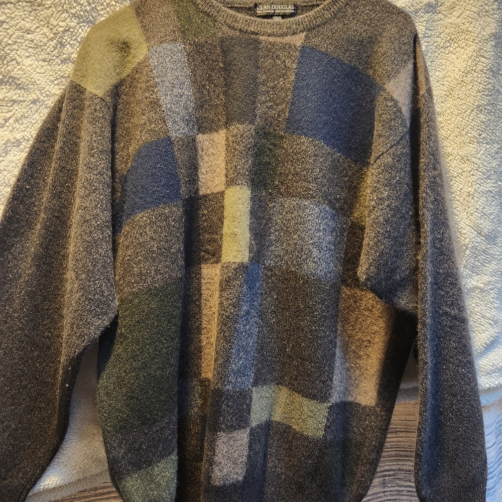 Men's Patchwork Crewneck Sweater - Gray, Blue, Brown, Tan